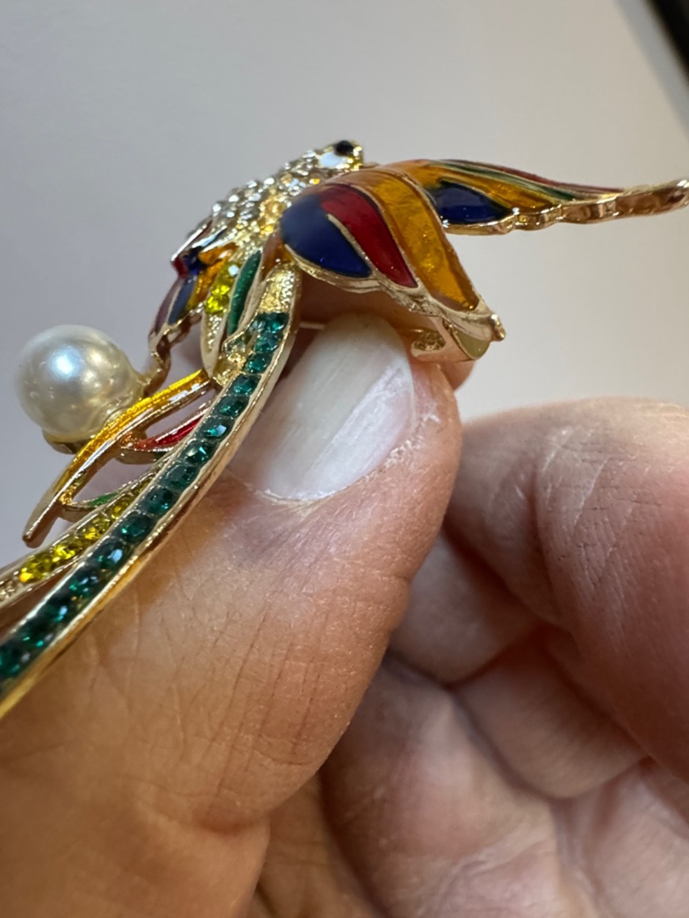 Colorful Enamel & Crystal Bird Brooch with Pearl - Picture 3 of 4